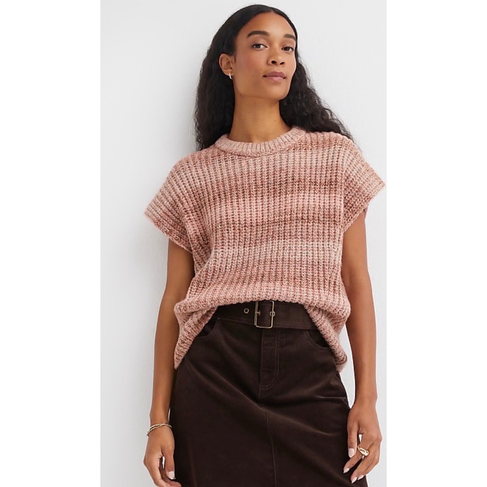 LOFT NWT Womens XL Pink Brown Striped Chunky Knit Sweater Cap Sleeve Pullover